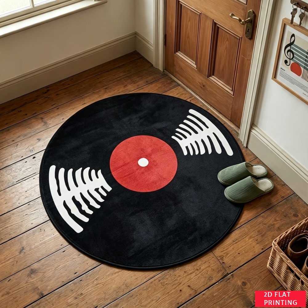 Audio Vibes Music - レトロな黒のビニールレコード柄、赤いラベルと白い溝のある丸型カーペット。音楽ラウンジや玄関に最適で、クラシックなオーディオカーペットの雰囲気を演出します。