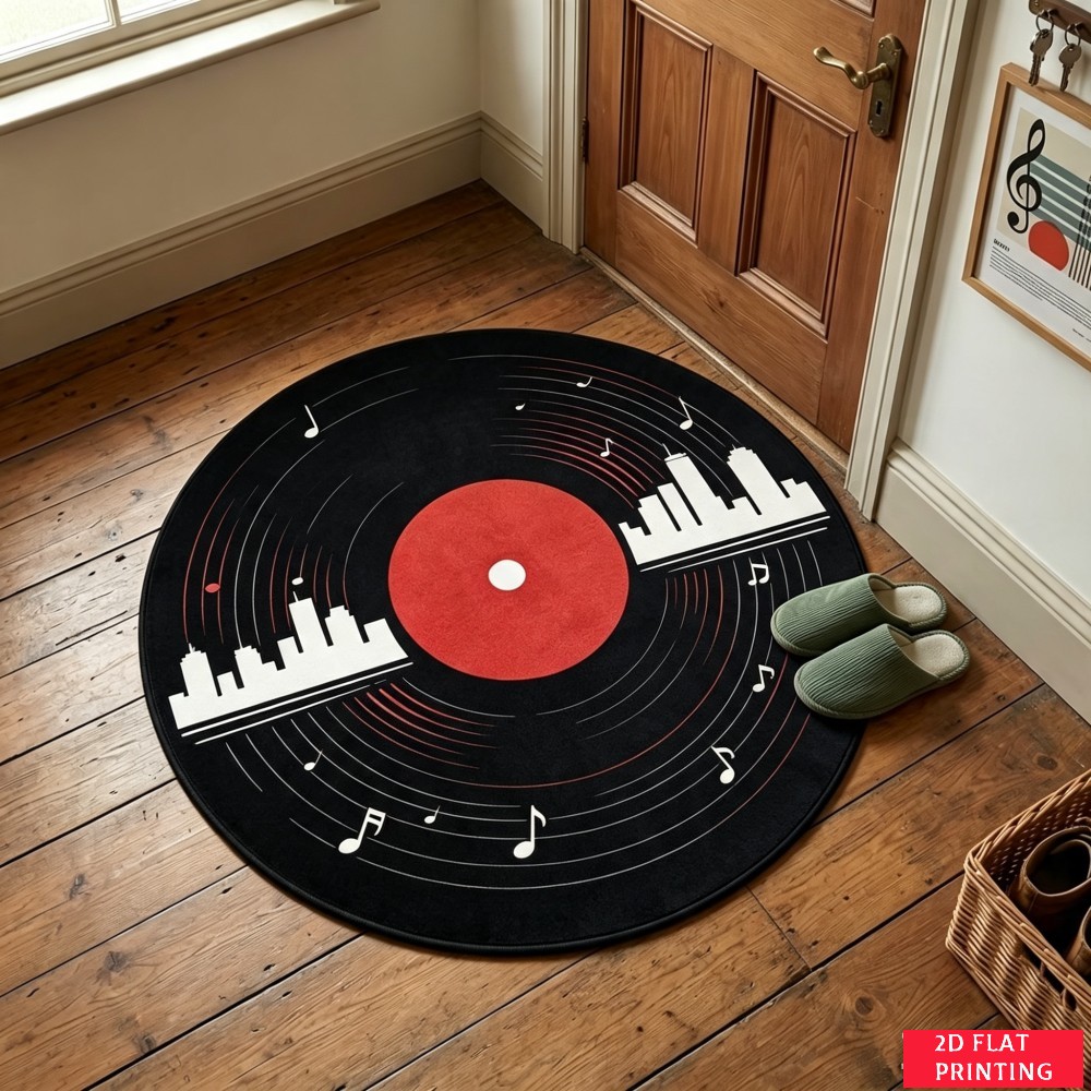 レトロな黒のビニールレコード柄、赤いラベルと白い溝のある丸型 - Audio Vibes Music のレビューと価格