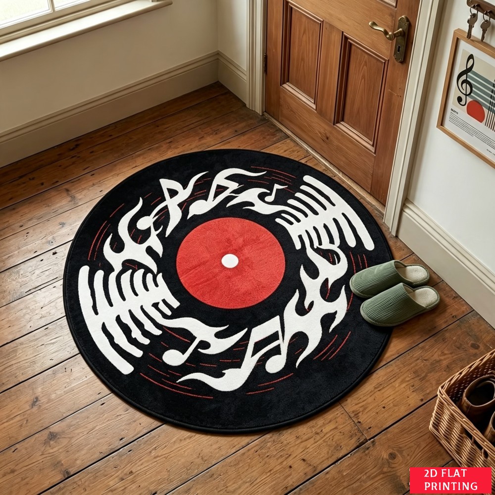 レトロな黒のビニールレコード柄、赤いラベルと白い溝のある丸型 - Audio Vibes Music のレビューと価格