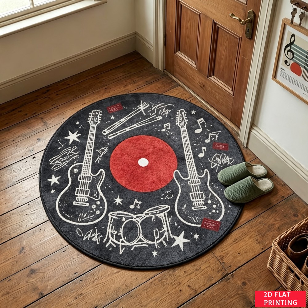 レトロな黒のビニールレコード柄、赤いラベルと白い溝のある丸型 - Audio Vibes Music のレビューと価格